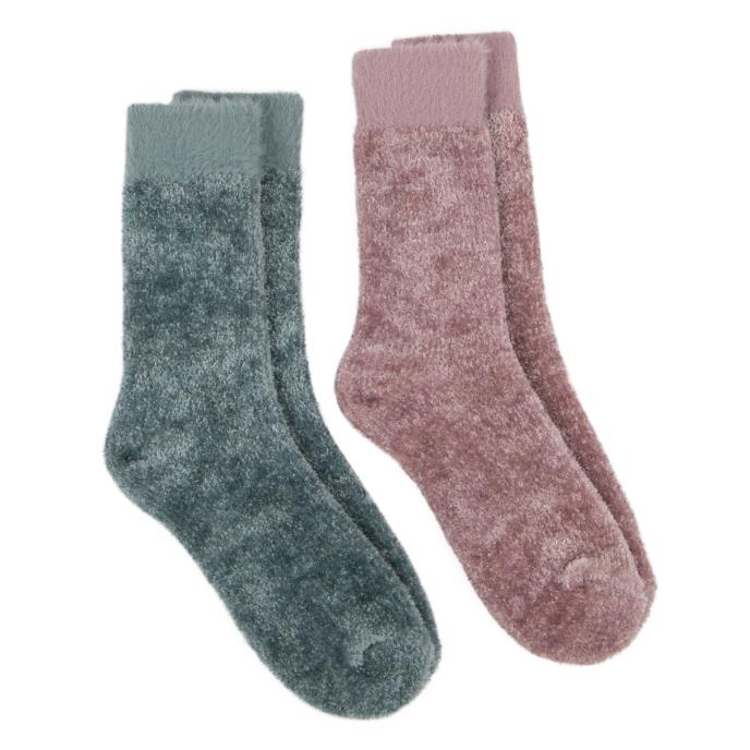 totes Ladies Chenille Bed Socks (Twin Pack) Teal / Pink Extra Image 3